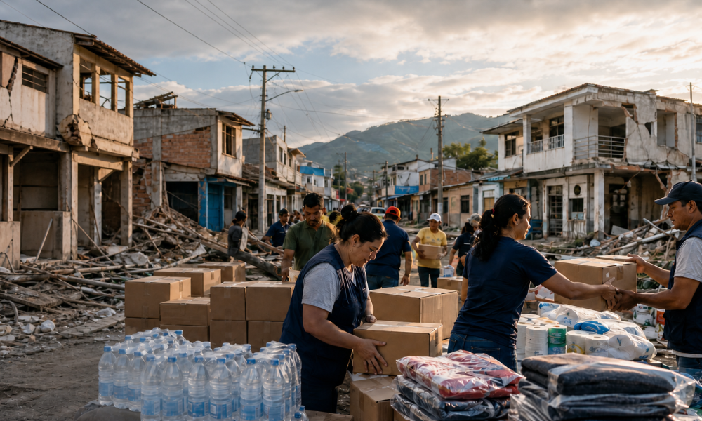 Volunteers distributing earthquake relief supplies in Colombia
