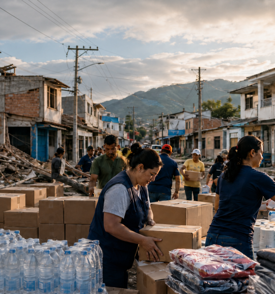 Volunteers distributing earthquake relief supplies in Colombia